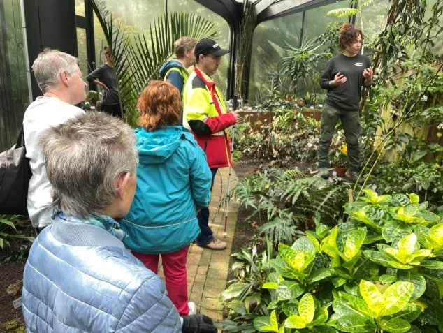 Das BBZ Zürich zu Besuch im botanischen Garten Güttingen. Eine Reihe interessierter, sehbeeinträchtigte Menschen lauschen gespannt den Ausführungen der Fachperson. Sie befinden sich in einem Tropenhaus mit saftig grünen Pflanzen.