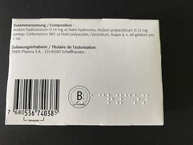 Verpackung eines Medikaments, das mit Braille-Schrift bedruckt ist.