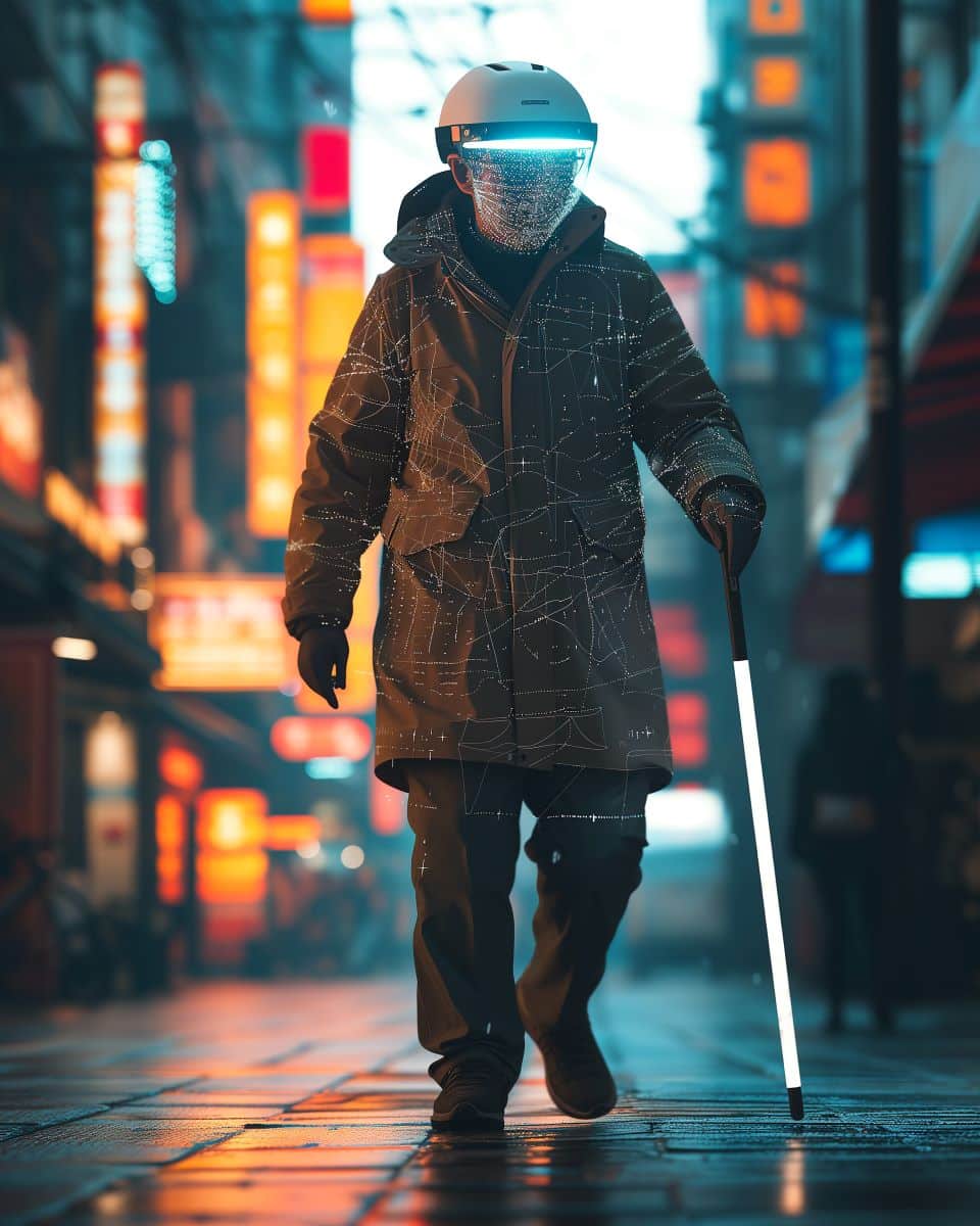 Image futuriste créée par IA montrant une personne portant un casque et marchant dans un environnement urbain nocturne avec une canne blanche fluorescente.La visière du casque semble contenir des informations. 