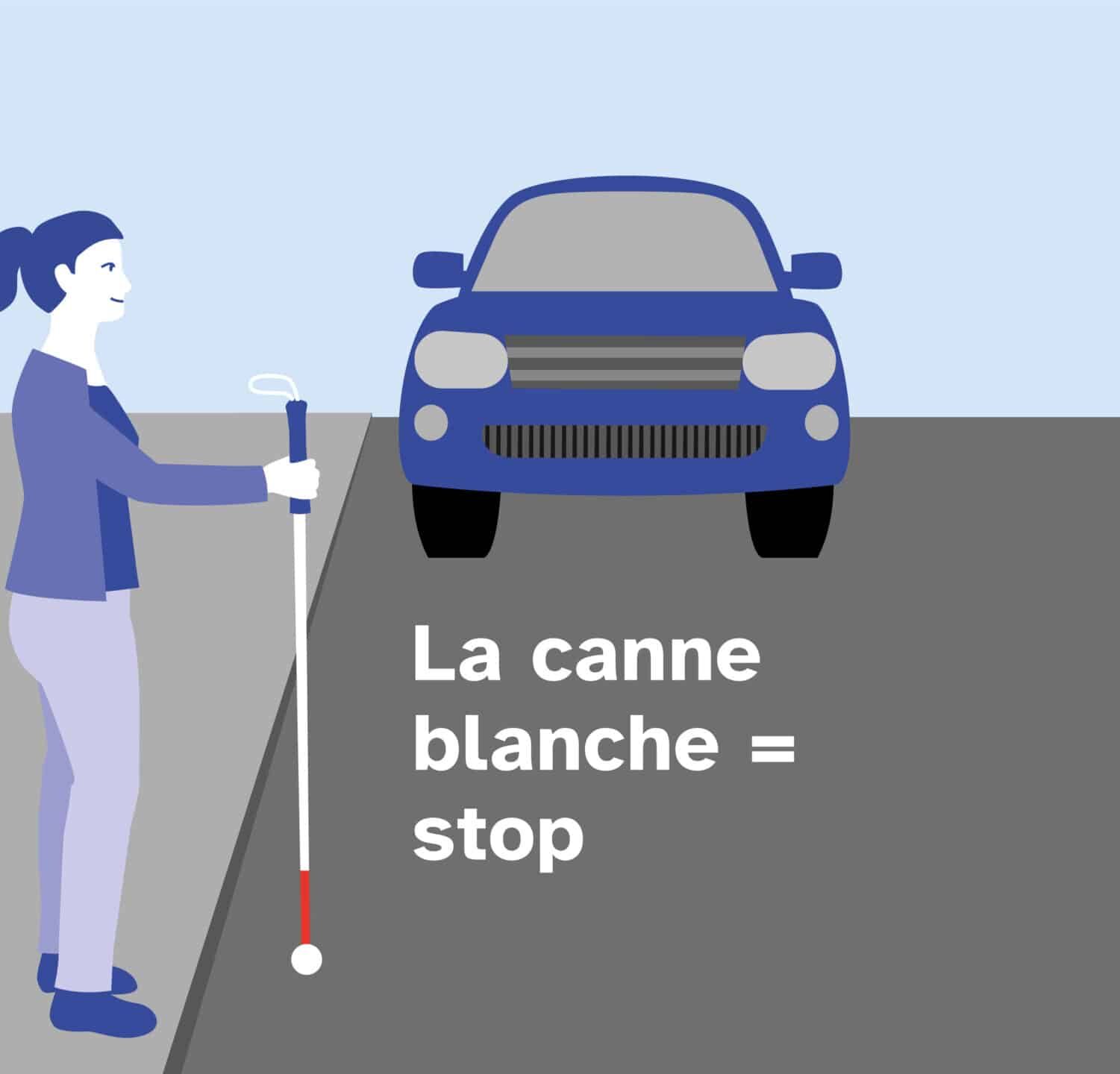 Un graphique montrant une femme au bord de la route, levant sa canne blanche. En blanc, on peut lire 