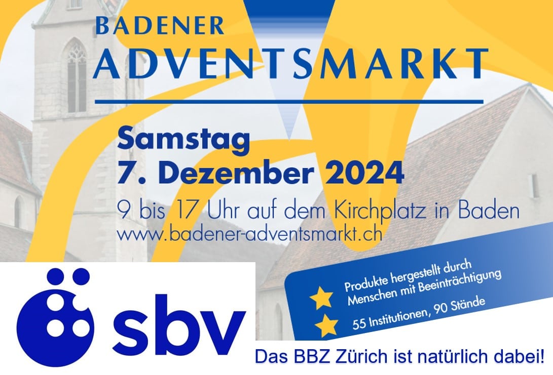 Der in den Farben gelb und blau gehaltener Flyer des Badener Adventsmarkt mit Angaben 7. Dezember 2024, 9 bis 17 Uhr, auf dem Kirchplatz in Baden