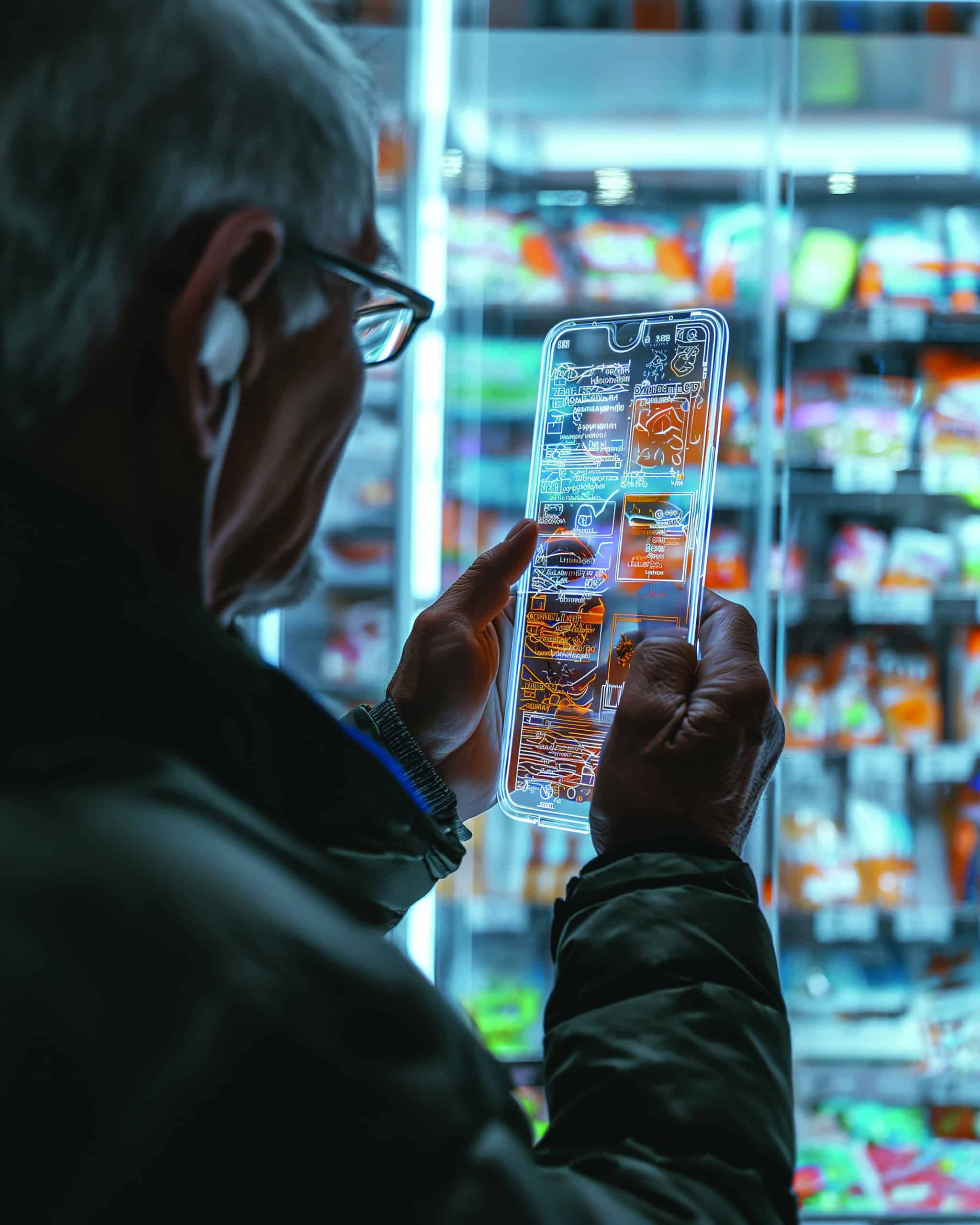 Von KI erstelltes Bild, das eine Person von hinten zeigt, die einen durchscheinenden Gegenstand in Form eines grossen Smartphones vor sich hält. Die Person hat eine Art Kopfhörer in ihrem rechten Ohr und schaut auf das Objekt, das mit seiner bunten Umgebung zu interagieren scheint.