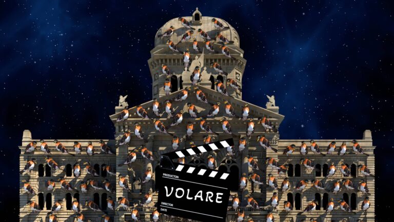 Keyvisual. Das Bundeshaus vor einem dunklen Sternenhimmel, darauf projiziert eine Filmklappe, auf der "Volare" steht, und viele Vögel im Hintergrund