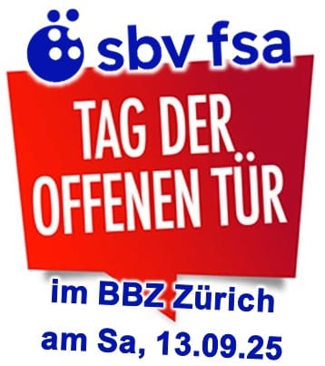 ZEICHNUNG: Oben ist das neue sbv-Logo zu sehen. In der Mitte befindet sich eine grosse, viereckige, rote Sprechblase mit dem Text