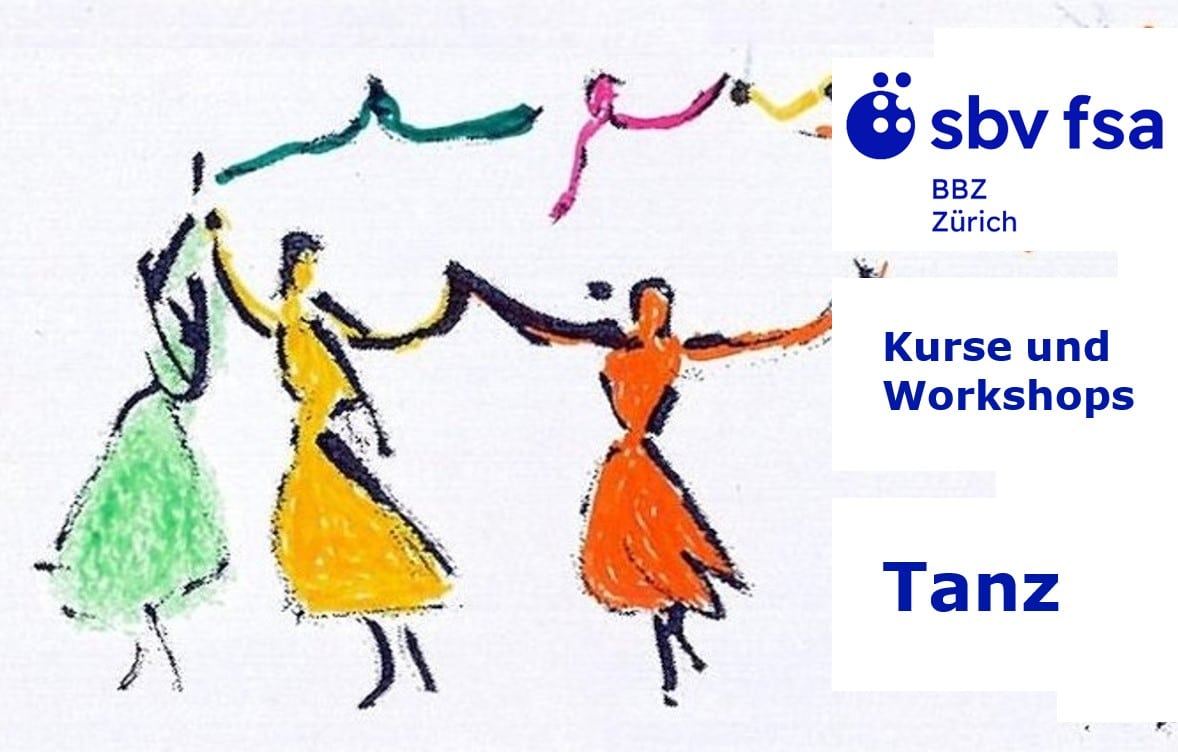 GRAFIK: Eine Kreidezeichnung zeigt symbolisch angedeutete Personen mit bunten Kleidern, welche im Kreis tanzen und dabei fast zu Schweben scheinen.