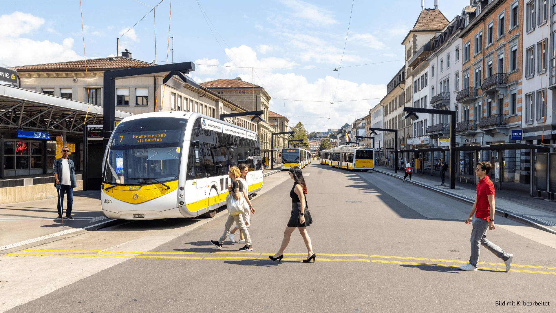 Un bus des vbsh de Schaffhouse est à la gare, précédé d'un homme avec une canne blanche.