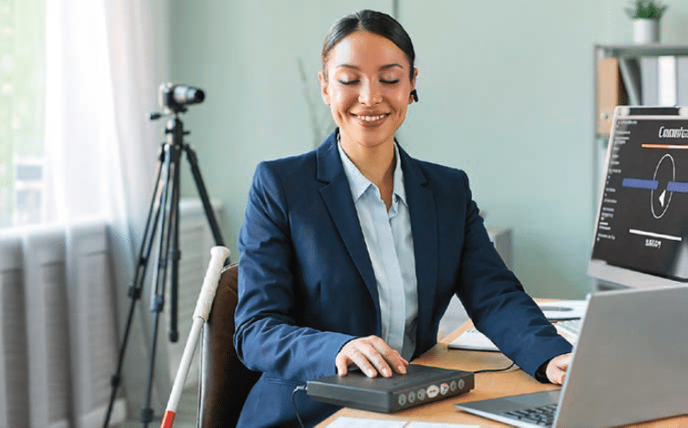 Une personne travaille sur un ordinateur dans un bureau lumineux. Une main repose sur un appareil de lecture tactile, avec une canne blanche et un trépied installés à proximité.