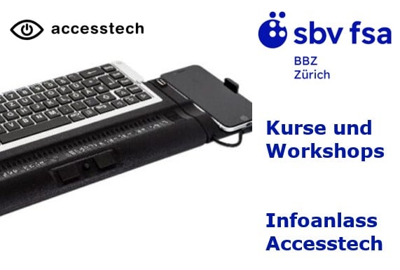 Abbildung einer PC-Tastatur mit Braillezeile und angeschlossenem Smartphone