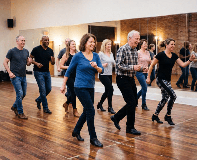 Acht Erwachsene führen in einem Tanzstudio gemeinsam Line-Dance-Schritte aus. Die Gruppe bewegt sich synchron auf einem Holzparkett vor einer großen Spiegelwand. Bildquelle: KI-generiertes Bild mit Photoshop