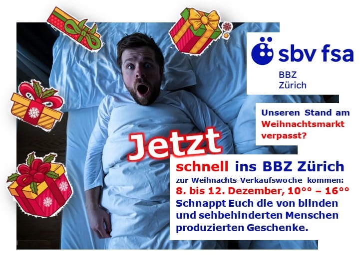 FOTOMONTAGE: Ein Mann erwacht in seinem Bett in der frühen Morgendämmerung mit erschrockendem Gesichtsausdruck. Bunte Päckchen schwirren comichaft um seinen Kopf. Text rechts (gekürzt): 