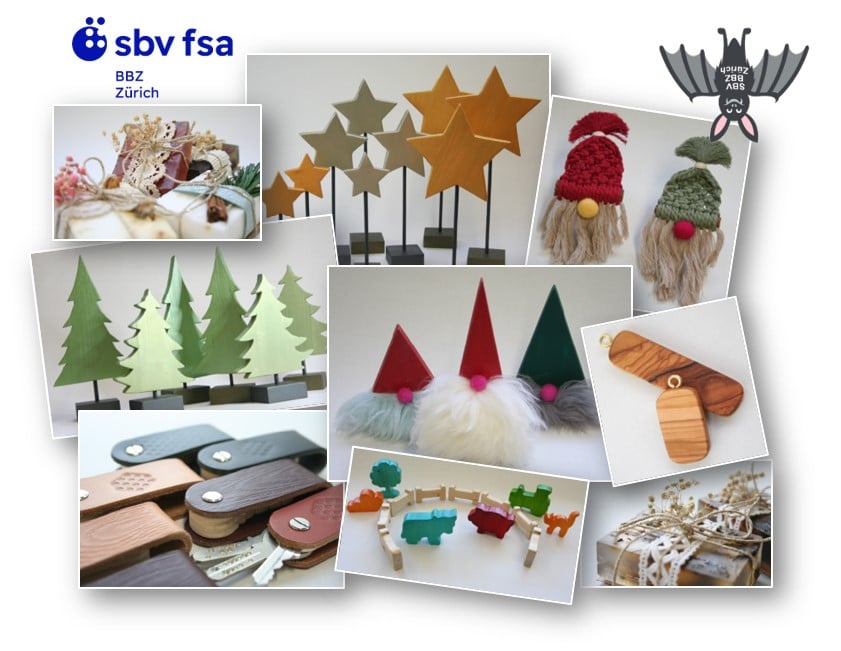 FOTOCOLLAGE: Diverse Produkte des BBZ Zürich - Duftseifen, Holzsterne und Tannenbäume mit Sockel, dreieckige Wichtel aus Holz mit flauschigem Fell-Bart und rosa Filznase, Makramee-Wichtel zum Aufhängen, Schlüssel-Etuis aus Leder, bunte Holzfiguren des Bauernhof-Sets.