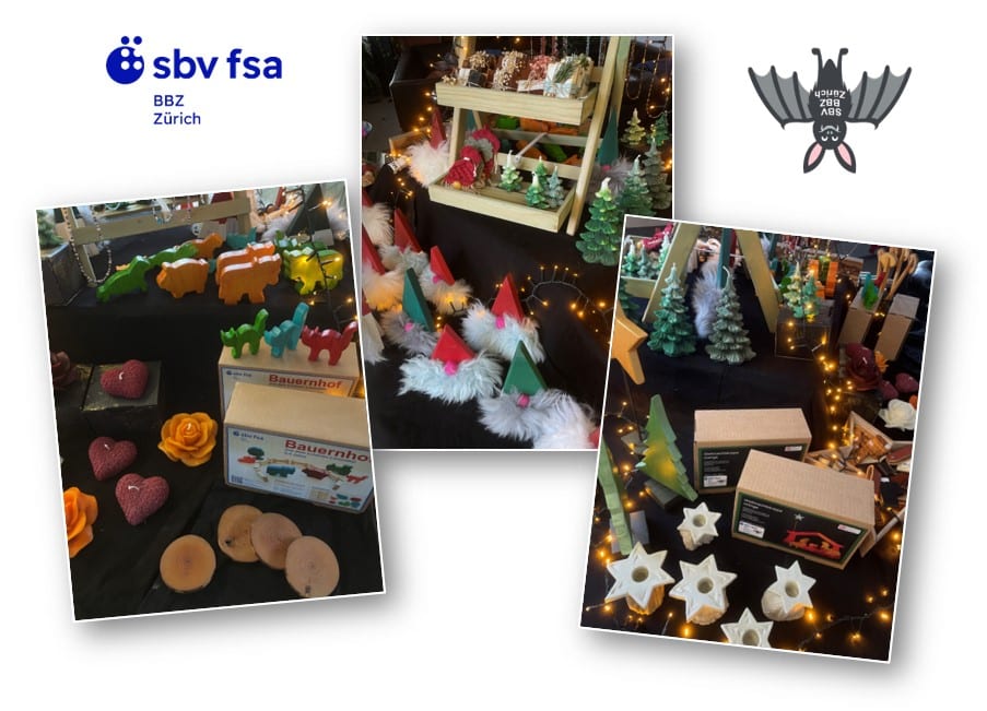 FOTOCOLLAGE: Drei Ansichten unseres Verkaufstisches im BBZ Zürich - auch hier herrscht eine weihnachtliche Atmosphäre.