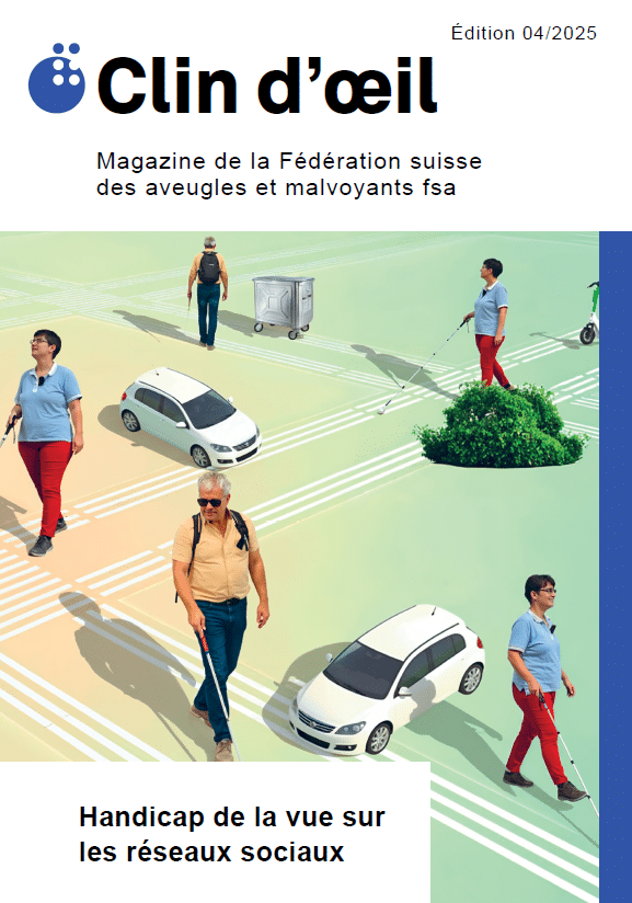 Page de couverture Clin d'œil 04/25. Une sorte d'image cachée avec des lignes de guidage sur un fond vert, où l'on voit Hervé et Daniela se heurter à plusieurs reprises à des obstacles avec leur canne blanche.