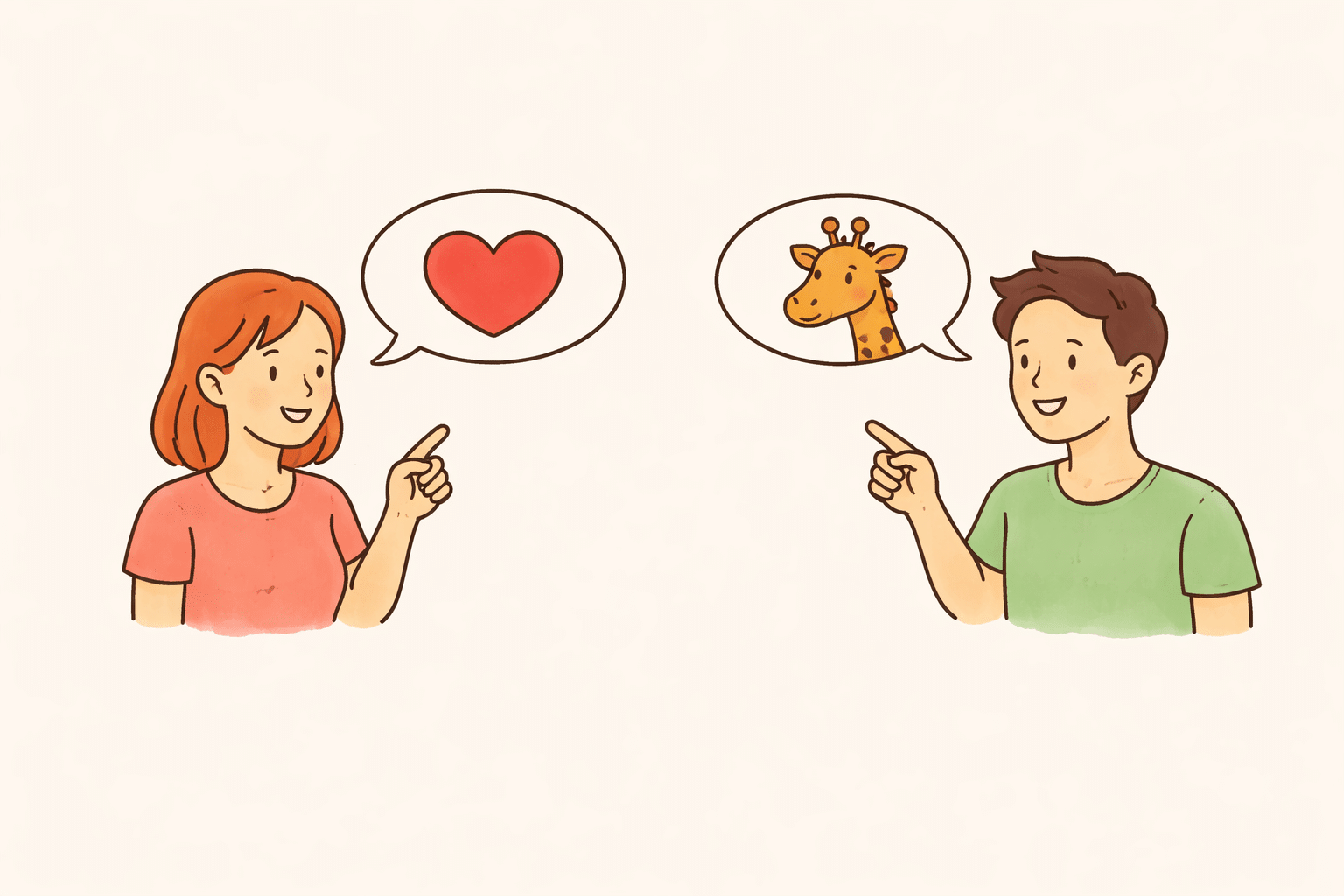 Illustration simple de deux adultes se faisant face, souriants. Chacun pointe vers une bulle : cœur pour l’une, girafe pour l’autre, symbolisant une communication empathique et respectueuse.