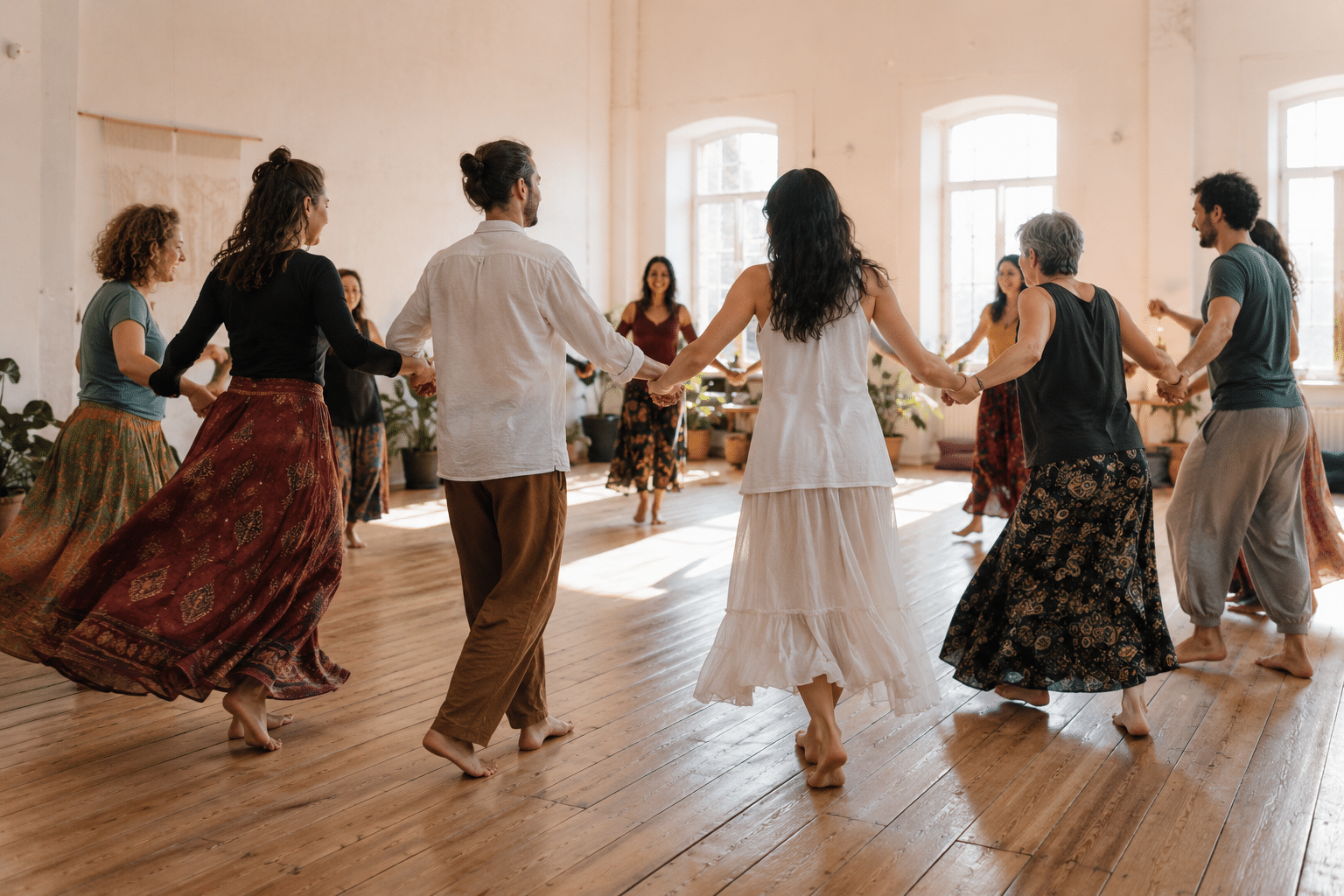 Un groupe de personnes danse en cercle dans une salle lumineuse au parquet en bois. Les participants, en partie pieds nus et vêtus de tenues colorées, se tiennent par la main dans une ambiance chaleureuse et conviviale. Crédit photo : générée avec ChatGPT