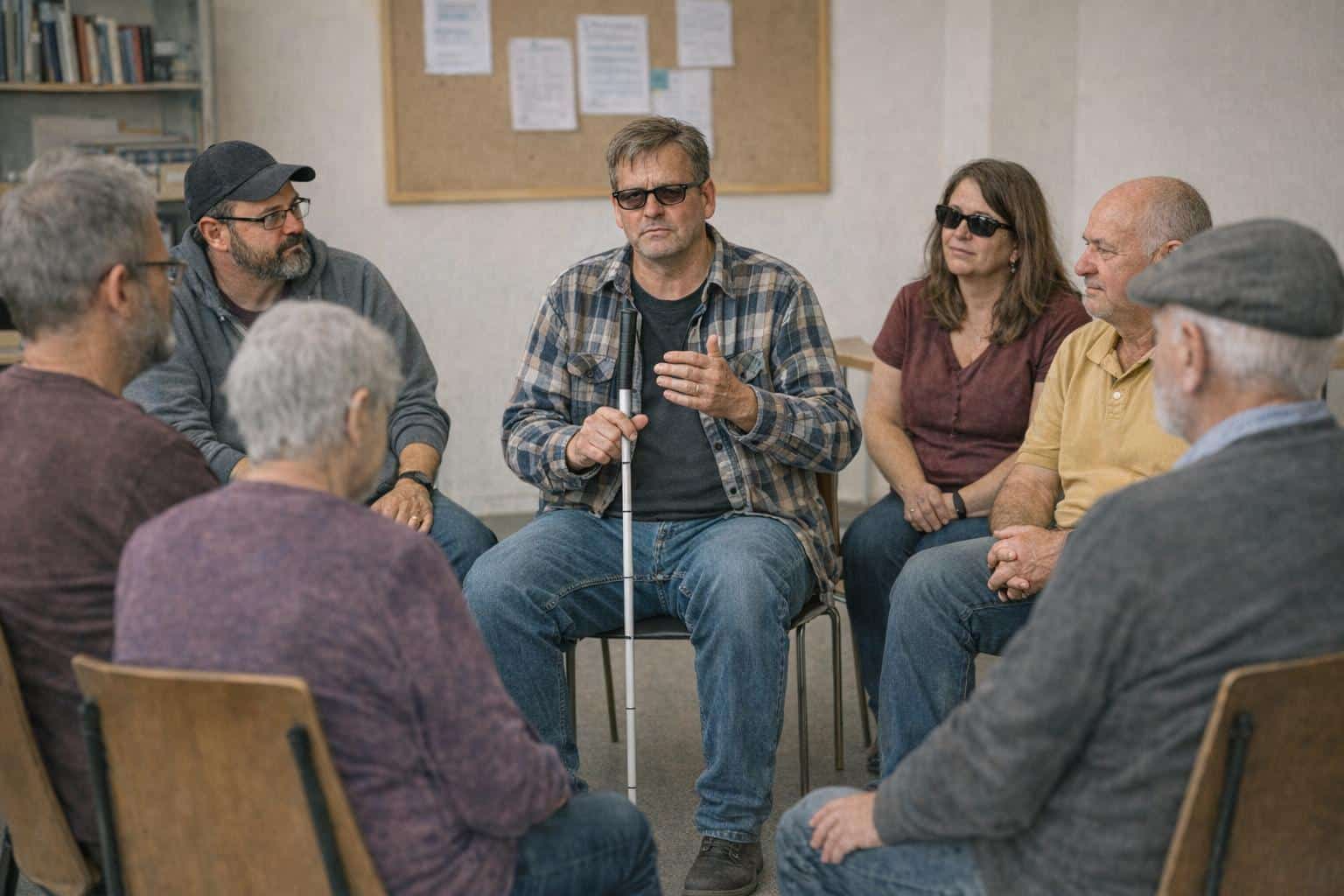 Un groupe de sept personnes assises en cercle participe à une discussion. Au centre, une personne tient une canne blanche et s’exprime, tandis que les autres l’écoutent attentivement dans une atmosphère calme et bienveillante.