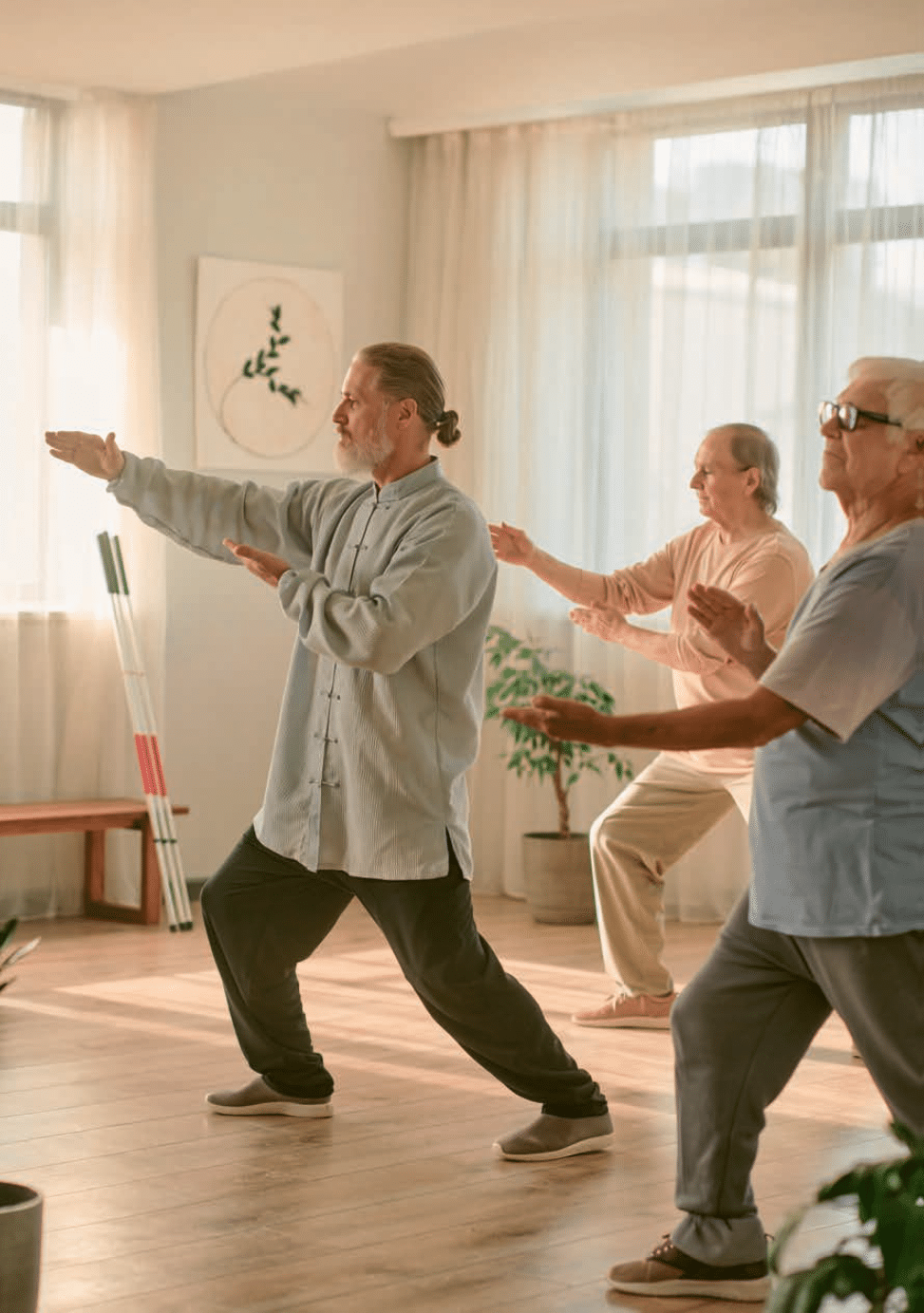 Un groupe pratique une séquence de Tai-chi (mouvements doux) dans une salle lumineuse, guidé par la personne à l’avant. Les participants suivent la posture avec des gestes fluides.