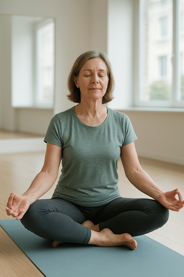 Une dame assise en posture de méditation sur un tapis dans une salle lumineuse, les jambes croisées et les mains posées sur les genoux en position détendue.