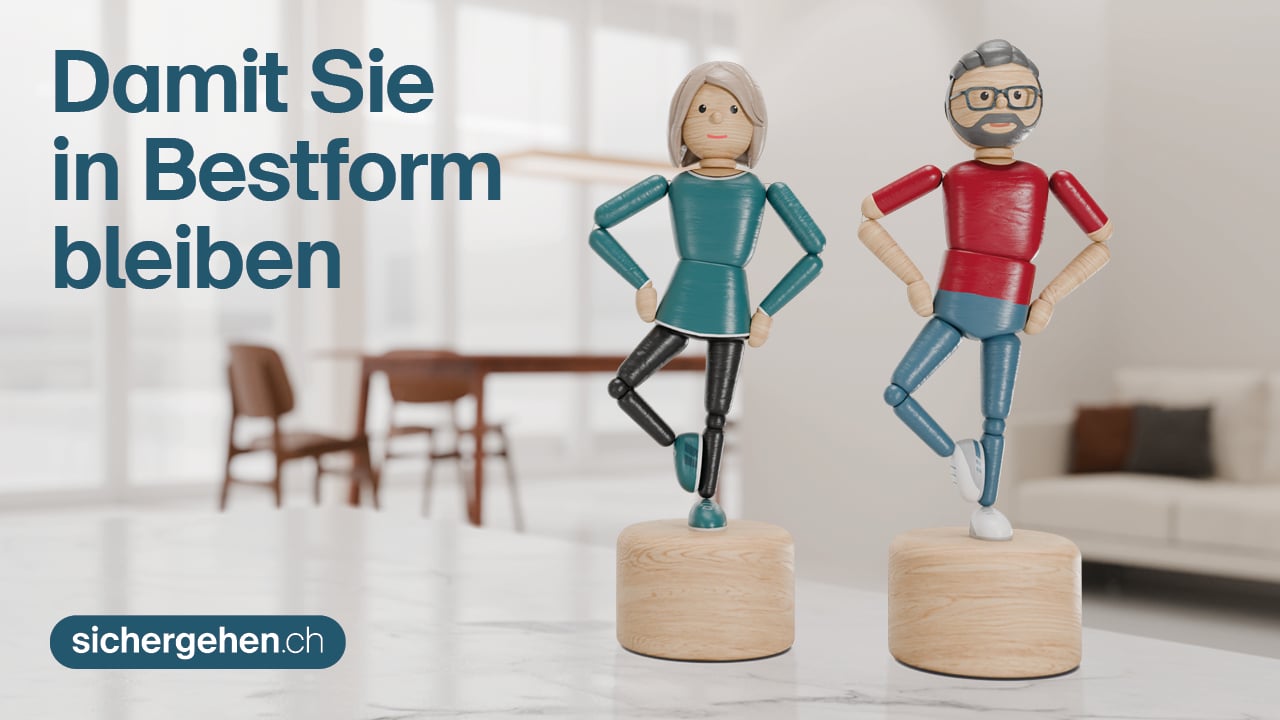 Stehaufmännchen aus Holz, daneben der Text "Damit Sie in Bestform bleiben. sichergehen.ch"