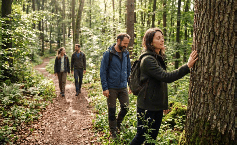 Participants à une promenade consciente en forêt, découvrant la nature par le toucher et l’exploration sensorielle. Crédit photo : générée Avec photoshop IA