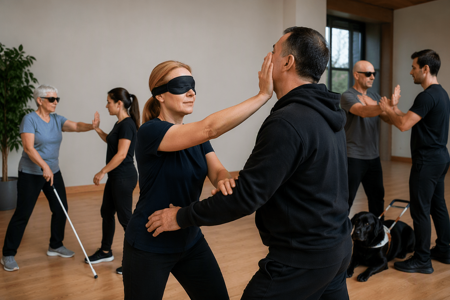 Plusieurs participants s’entraînent en binômes dans une salle, en utilisant des techniques basées sur le contact et l’orientation tactile. Une canne blanche et un chien-guide sont visibles.  Crédit photo : générée Avec photoshop IA