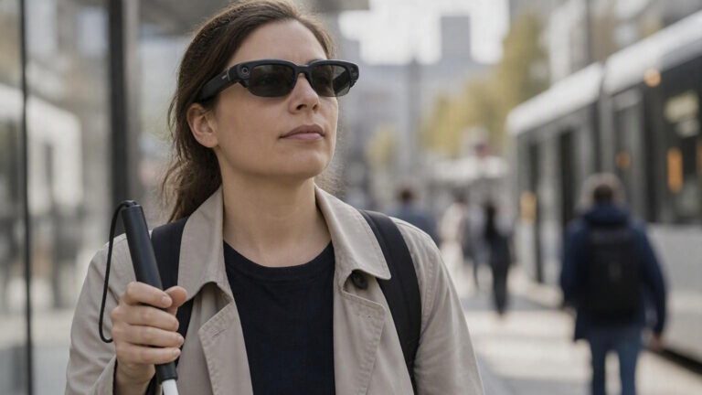 Frau mit dunkler KI-Brille und wiessem Stock in einer belebten Strasse. an der Brille sind seitlich Kameras zu erkennen