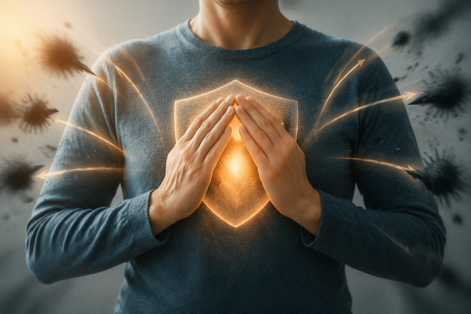Une personne pose ses mains sur sa poitrine tandis qu’une lumière protectrice symbolise l’écoute du corps, l’auto-soin et la protection face aux influences négatives.  Crédit photo : générée avec Microsoft Copilot