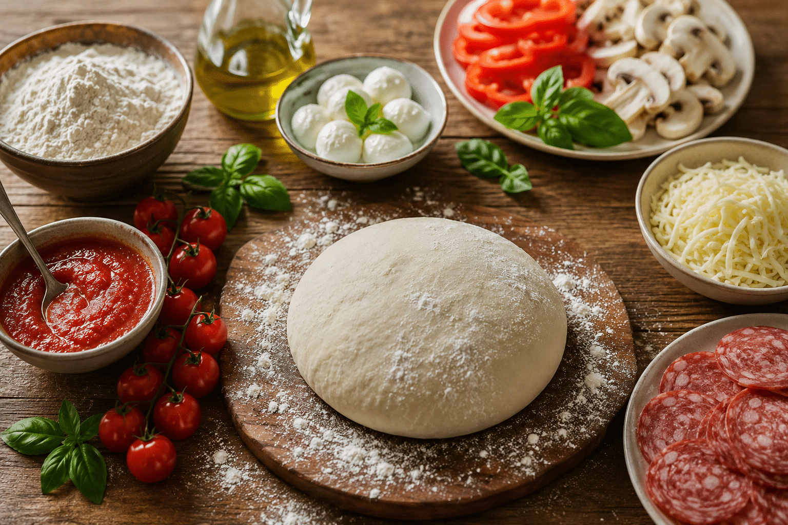 Pâte à pizza maison sur un plan de travail, entourée de farine, sauce tomate, mozzarella, basilic, tomates, champignons, poivrons, huile d’olive et autres ingrédients frais pour préparer une pizza.  Crédit photo : génére avec photoshop IA