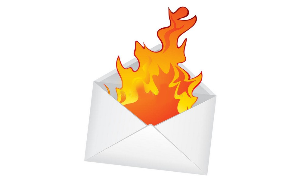 CLIPART-BILD: Ein geöffnetes Briefcouvert aus dem lodernde Flammen fackeln. Es symbolisiert die brandneuen News aus dem BBZ Zürich.