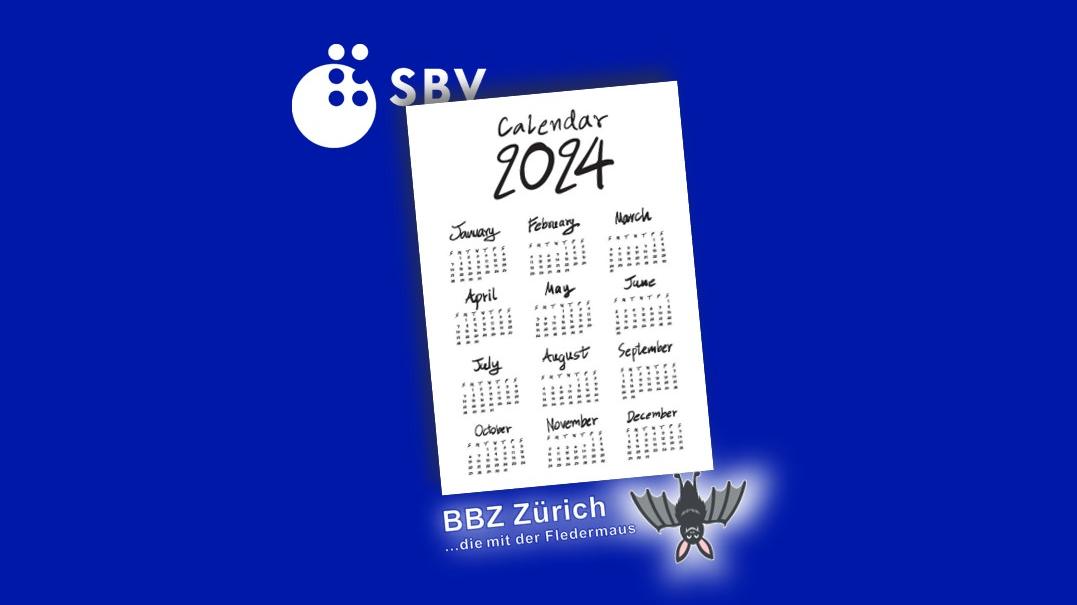 BILD: auf dunkelblauem Hintergrund das SBV-Logo mit einem Kalender des Jahres 2024. Daruntre hängt kopfüber das BBZ-Zürich-Maskottchen, eine freundlich grinsende Fledermaus. Text: "BBZ Zürich - die mit der Fledermaus"